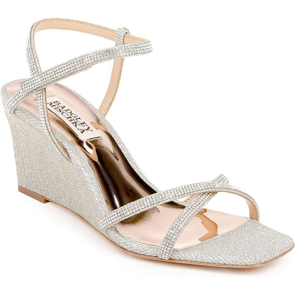 NIB Badgley Mischka Women's Reagan Silver Rhinestone Bedazzled Wedge Sandals